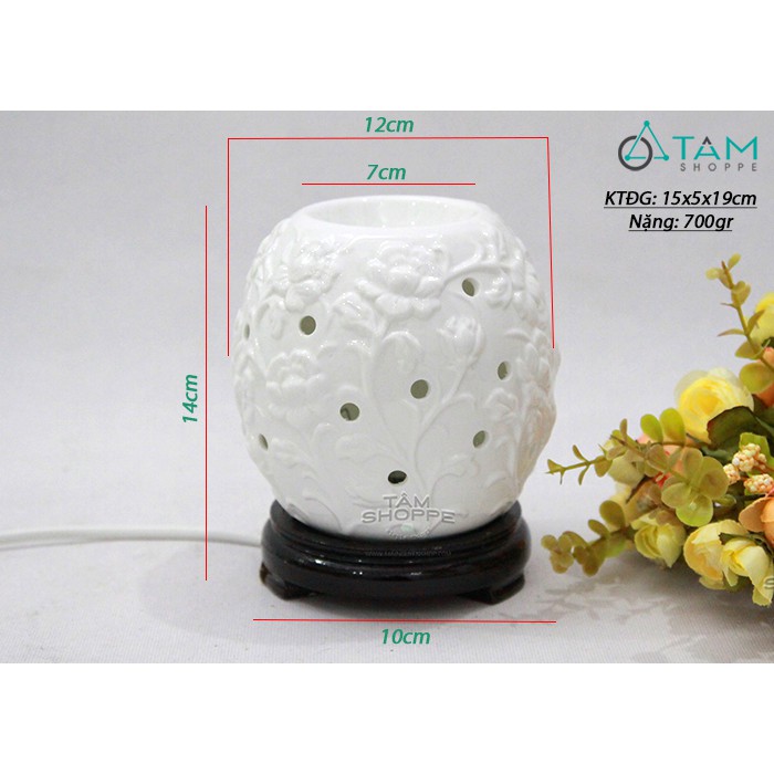 [TẶNG BÓNG ĐÈN]  ĐÈN XÔNG TINH DẦU GỐM TRẮNG HOA HỒNG NHÁNH