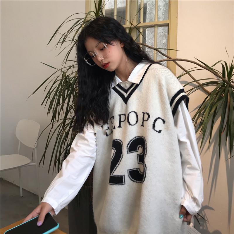 Set Áo Sơ Mi Cổ Chữ V Form Rộng Và Áo Khoác Không Tay Thời Trang Mới Trẻ Trung Sành Điệu Cho Nữ