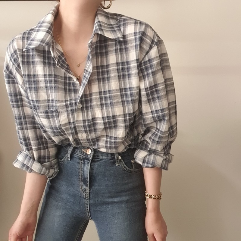 Áo sơ mi tay dài họa tiết sọc caro phong cách retro Hàn Quốc cao cấp