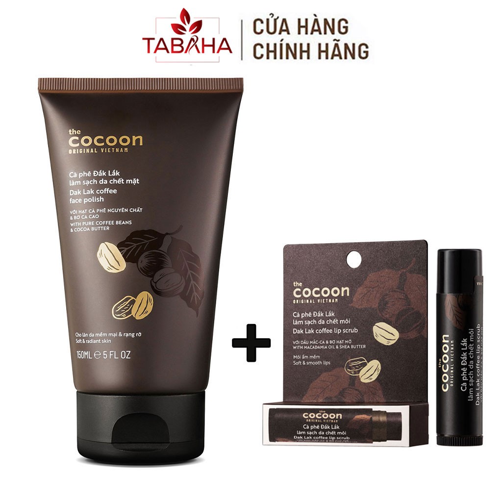 Combo Cà Phê Làm Sạch Da Chết Da Mặt 150ml + Son Tẩy Da Chết Môi Cocoon 5g