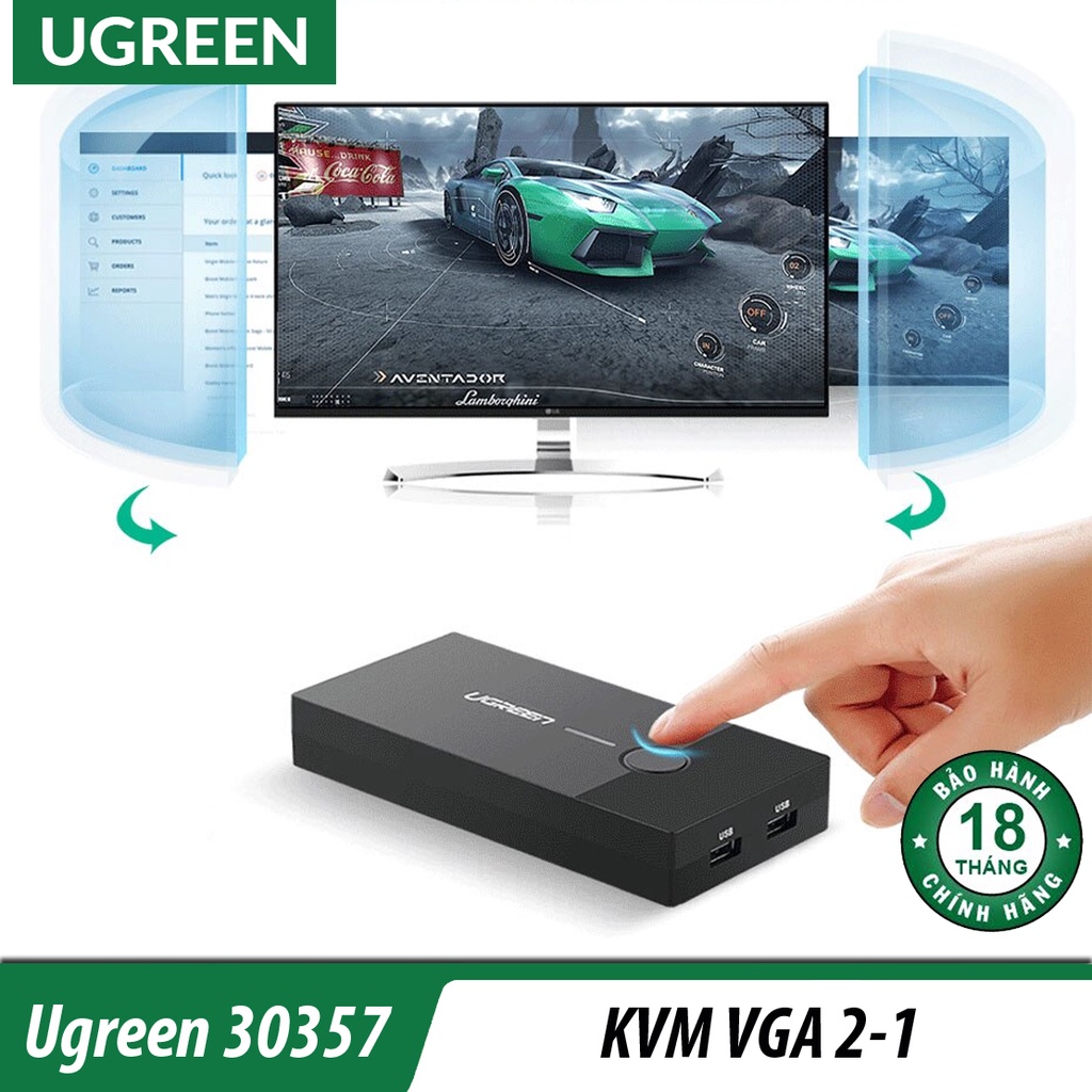 KVM Switch VGA 2 - 1 Cao Cấp | UGREEN 30357 Chính Hãng | Kết Nối 2 CPU Dùng Chung 1 Màn Hình Và 3 Cổng USB