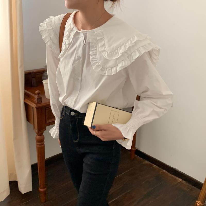 Áo Sơ Mi Cổ Bèo Hai Tầng Tay Nhún Bo Chun Cực Xinhhh Freesize&lt;52kg - A.176