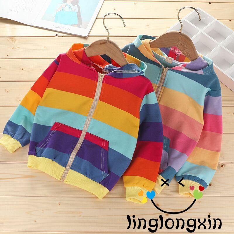 Áo Hoodies Có Nón Dài Tay Sọc Cầu Vồng Năng Động Cho Bé Gái