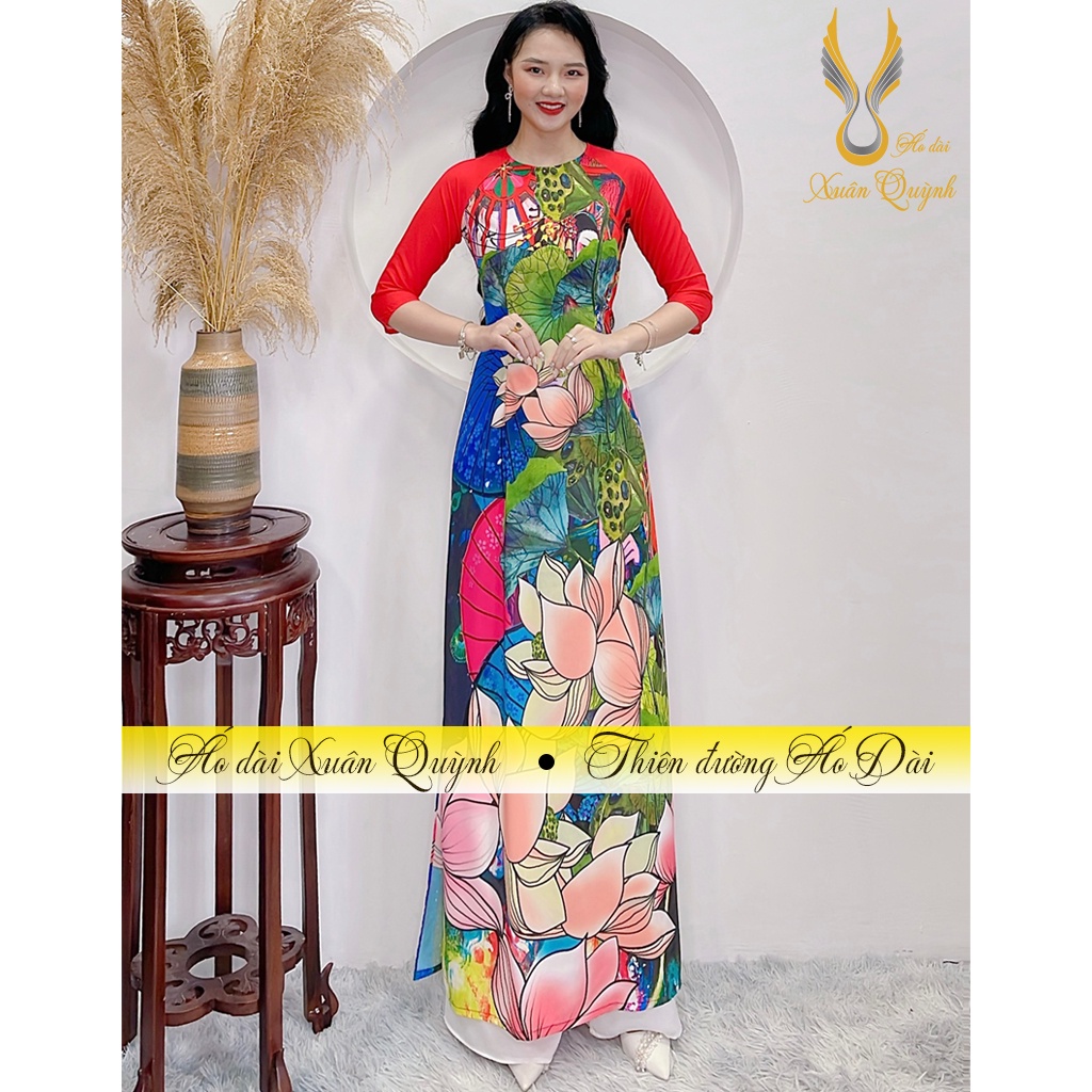 Áo Dài Hoa Sen Trẻ Trung Duyên Dáng Thanh Lịch, Lụa Habutai Co Dãn Mềm Mại A7 - Áo Dài Xuân Quỳnh