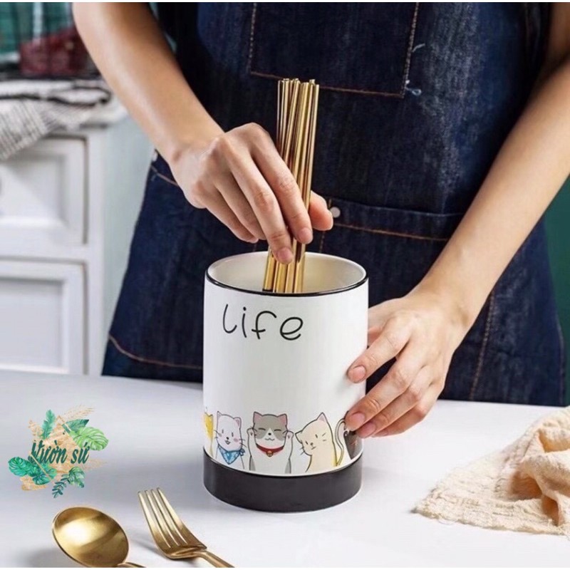 Ống đựng đũa sứ đựng thìa, muỗng kèm khung cao cấp - VS123