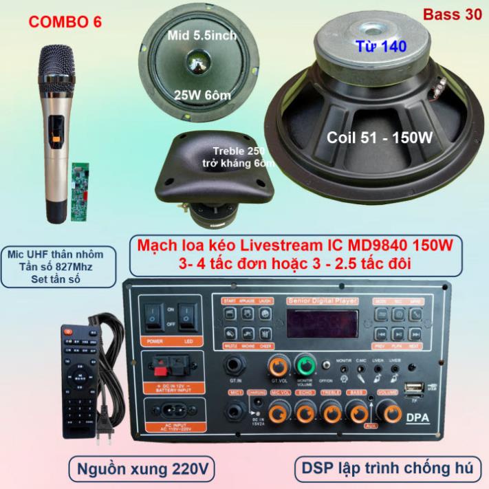 Mạch loa kéo 3 tấc đơn 3 đường tiếng LIVESTREAM DSP lập trình chống hú IC MD9840 150W có nguồn xung