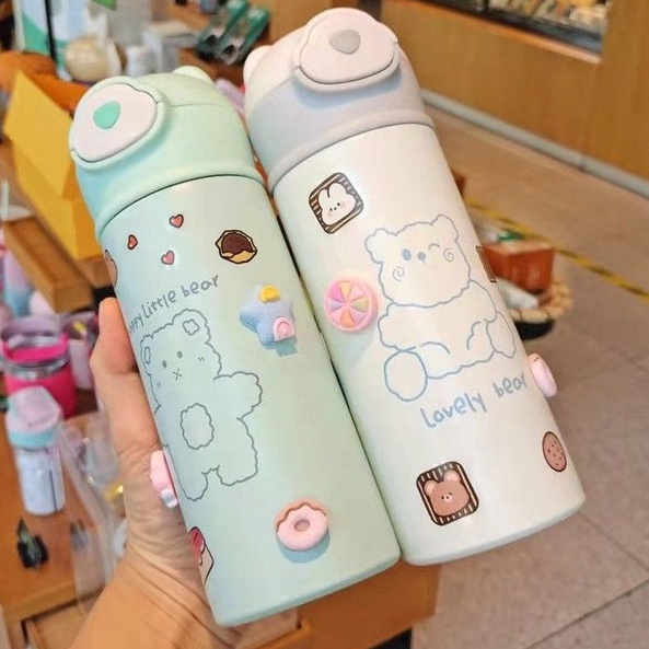 Bình inox giữ nhiệt nắp tai Gấu Pastel