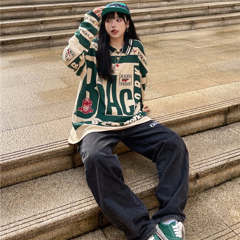 Áo Sweater Cổ Bẻ Dáng Rộng In Chữ Phong Cách Retro Mỹ