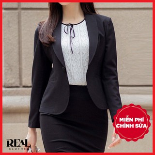 Blazer công sở dáng ngắn tay dài đen_REAL