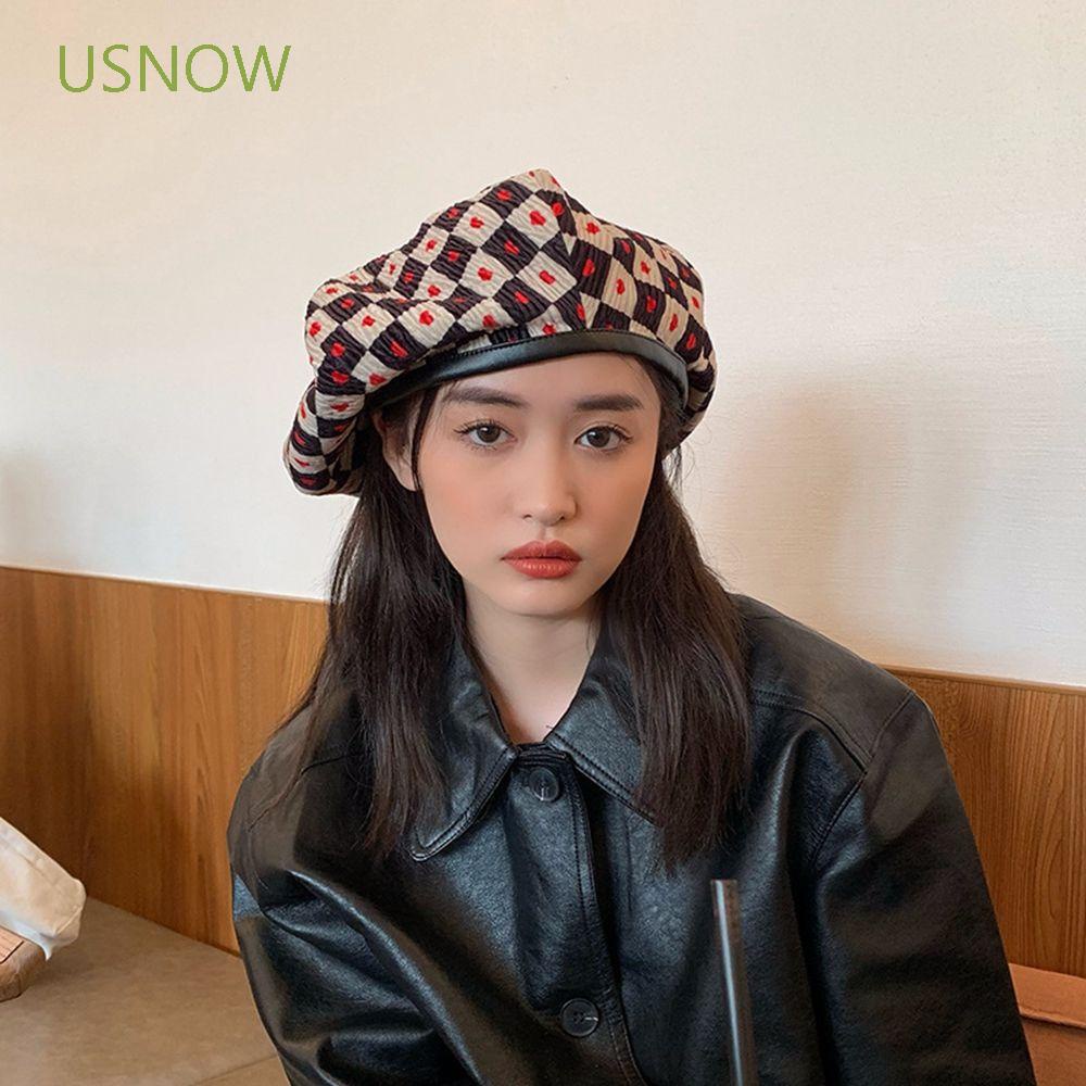 Mũ beret bằng da họa tiết kẻ sọc caro phong cách Hàn Quốc thời trang thu đông cho nữ