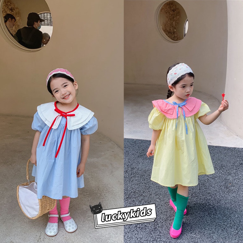 Đầm Công Chúa Tay Phồng Ngắn Cổ Bẻ Màu Sắc Tương Phản Thời Trang Hàn Quốc Cho Bé Gái