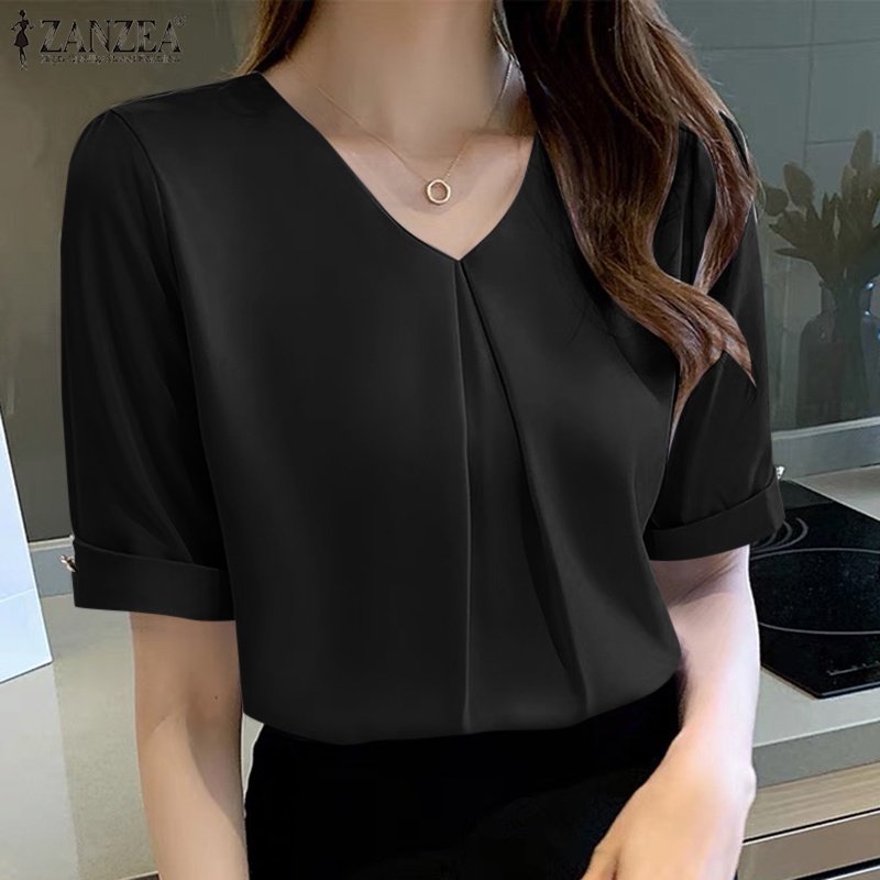 Áo kiểu ZANZEA ngắn tay cổ chữ V màu trơn phong cách Hàn Quốc thời trang cho nữ