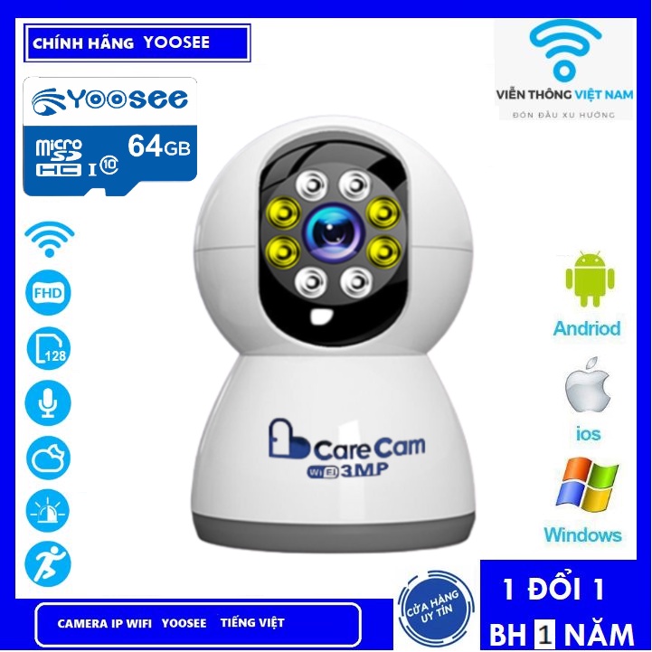 Camera wifi trong nhà Carecam 3.0 Mpx FULL HD siêu nét Camera trong nhà xoay 360 độ báo động đàm thoại