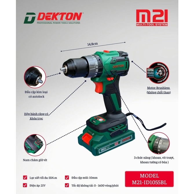 Máy Khoan Pin 3 Chức Năng Dekton đầu 10MM autolock M21 id1055BL giá tốt