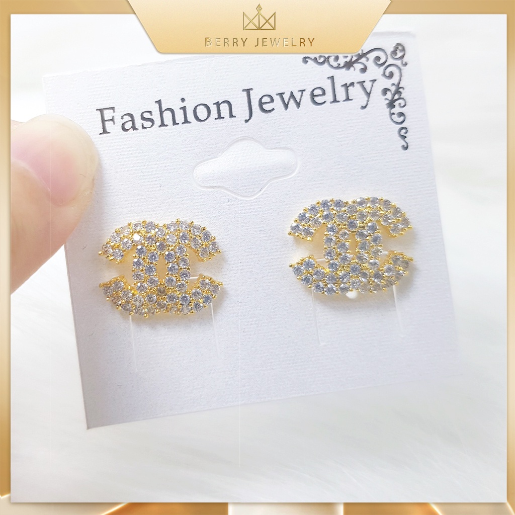 Bông Tai Nữ Chữ X Đính Đá Viền, Khuyên Tai Dạng Nút Gài Cao Cấp Berry Jewelry B30VHT7