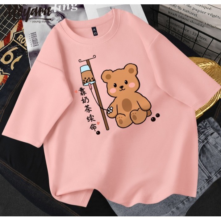 Áo thun gấu truyền trà sữa , phom rộng, siêu cute nha