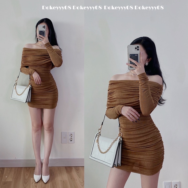 Váy body trễ vai chun rúm 637