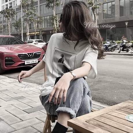 Áo phông miêu vintage in đơn giản dáng rộng tay lỡ màu trắng quốc dân