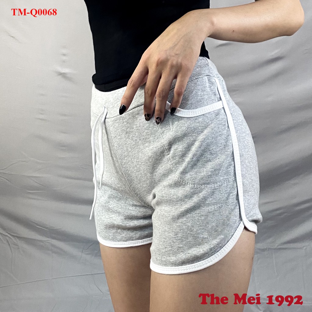 Quần đùi short nữ THE MEI 1992 cao cấp - Quần sooc nữ cạp chun chất Umi thể thao viền kẻ có túi 2 bên