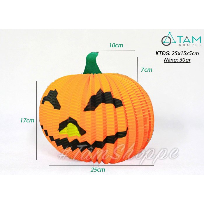 Lồng đèn giấy Halloween trái bí ngô có lá nhiều cỡ HLW-LDG-01