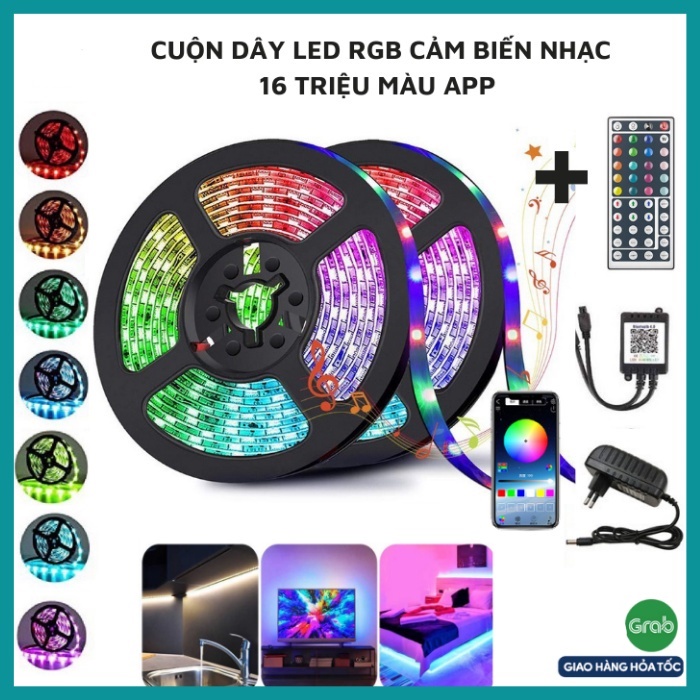 Cuộn dây led RGB dán decor phòng, gồm 16 triệu màu APP+TẶNG REMOTE, cảm biến theo nhạc, dây led bọc 