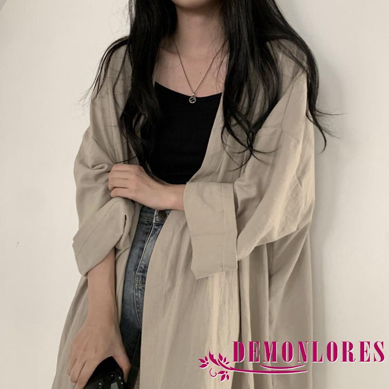Áo Khoác Cardigan Tay Dài Màu Trơn Dáng Rộng Xẻ Tà Thời Trang Mùa Hè Cho Nữ