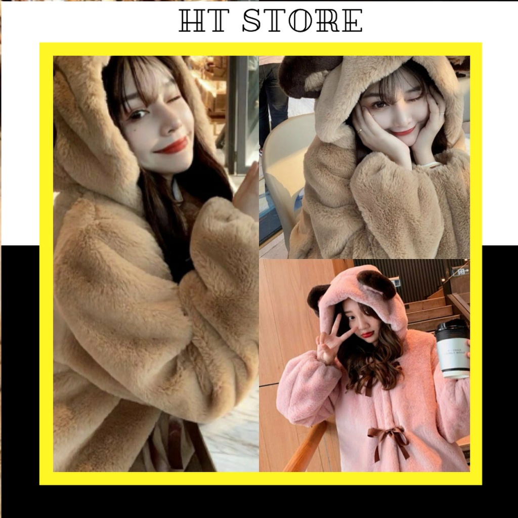 Áo Khoác Lông  nơ Tai Gấu Thắt Nơ  2 Màu  dưới 63kg - Áo Khoác Nữ Lót Lụa G087 - HT STORE