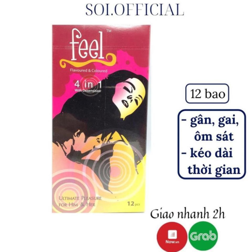 Bao cao su Feel 4in1 gân gai hương dâu bcs kéo dài thời gian 12 cái SOI.official