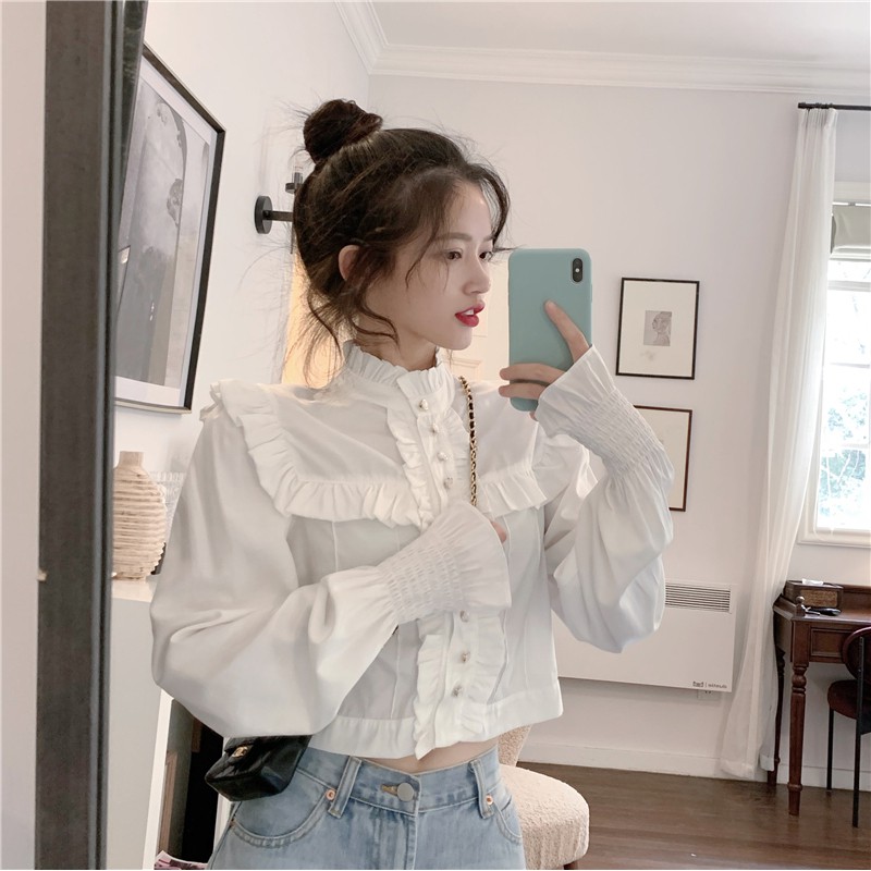 Áo kiểu tay dài cổ cao đính nút bằng gỗ thời trang phong cách retro | BigBuy360 - bigbuy360.vn