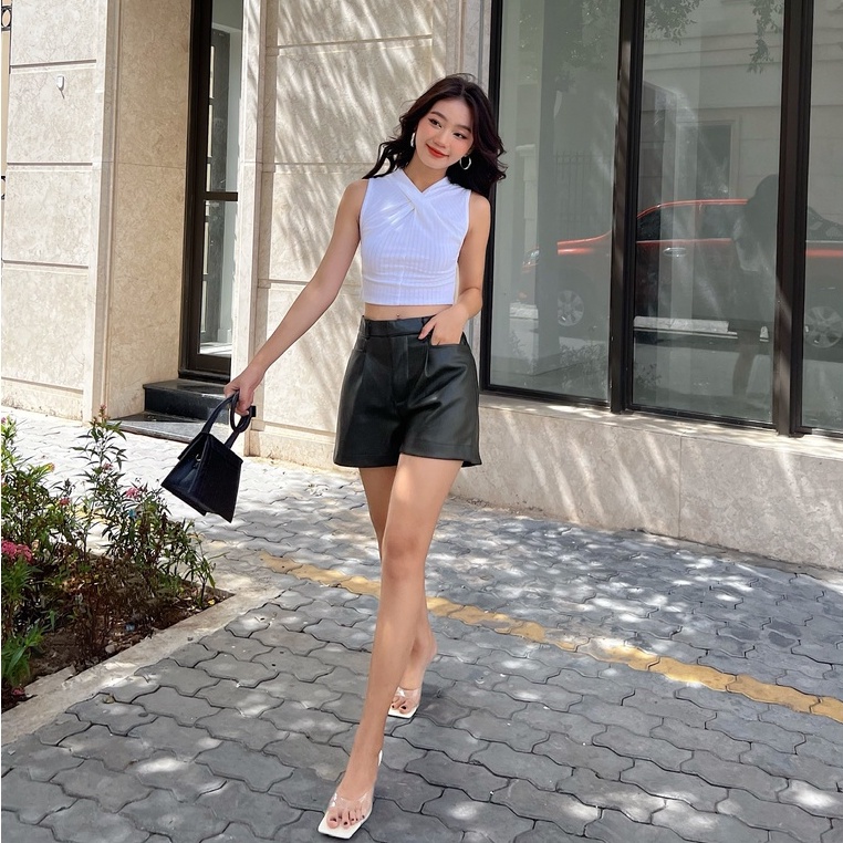 Áo croptop nữ sát nách trơn TOPTIFY kiểu cổ đắp chéo chất thun gân xô co giãn Weekend Plans Top AC32