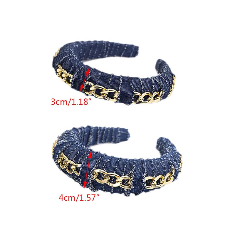 Băng Đô Vải Denim Bản Rộng Họa Tiết Kẻ Sọc Màu Sắc Trơn Phối Xích Kim Loại Kiểu Retro Cho Nữ