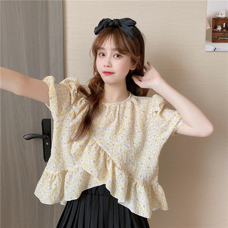 Áo Thun Nữ Tay Ngắn Cổ Tròn In Hoa Phong Cách Hàn Quốc 2021