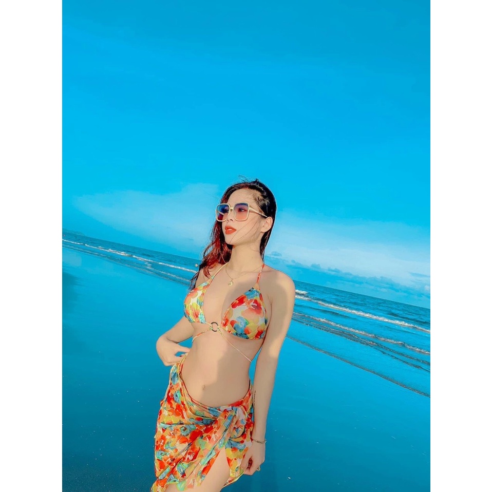 Bikini Nữ Hai Mảnh ComBo 2 Món, Đồ Bơi Đi Biển Hai Mảnh Kèm Khăn Voan Họa Tiết Sang Đẹp Binsports BHV168