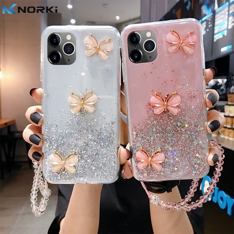 Ốp Điện Thoại TPU Mềm Trong Suốt Đính Kim Tuyến Hình Bướm 3D Có Dây Đeo Cho iPhone 11 12 13 14 Pro Max 13 Pro Max