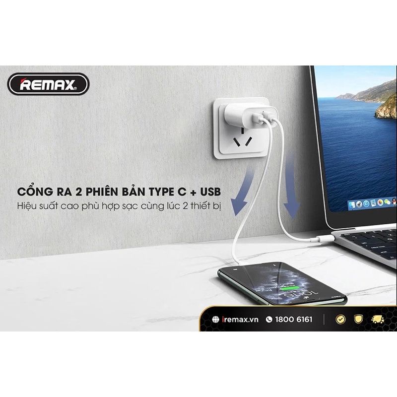 Củ + Cáp sạc nhanh Remax RP-U37 QC3.0+PD 2 cổng sạc: USB và Type C