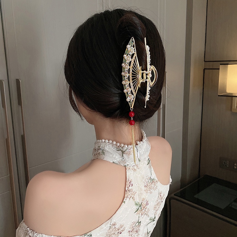 Kẹp Tóc Hợp Kim Hình Quạt Đính Ngọc Trai Phong Cách Trung Hoa Thời Trang Cho Nữ