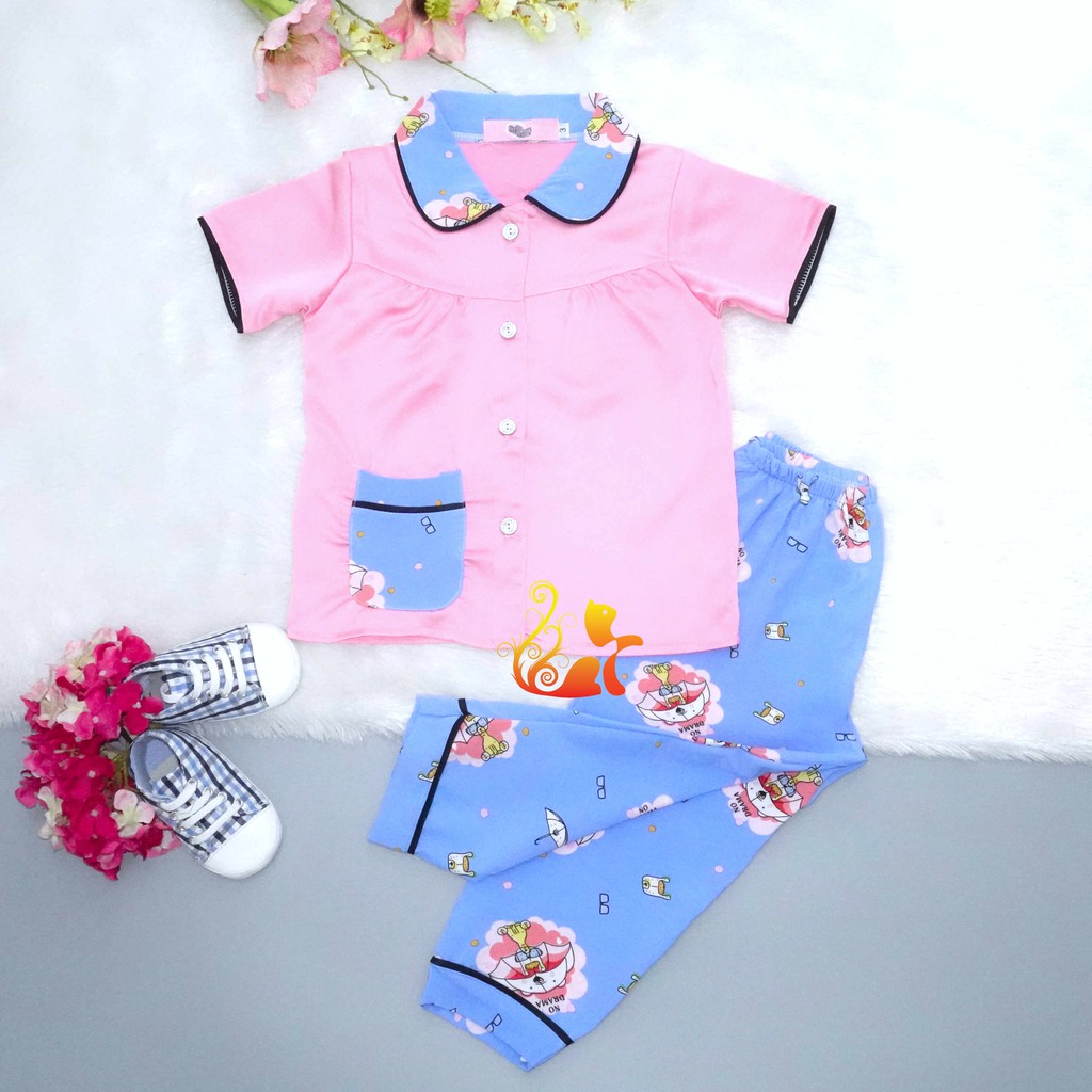 Bộ Đồ Pijama Satin Lụa Hàn &quot;Chó dù&quot; Cổ Tròn Quần Dài Cho Bé - Từ 12kg - 42kg.