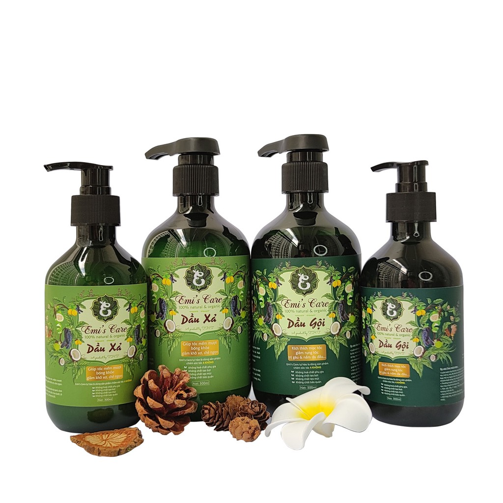 Combo Dầu gội bưởi ngăn rụng tóc ngăn gàu Emi Care (gội, xả) dòng organic thảo mộc phù hợp cho cả giữ màu cho tóc nhuộm