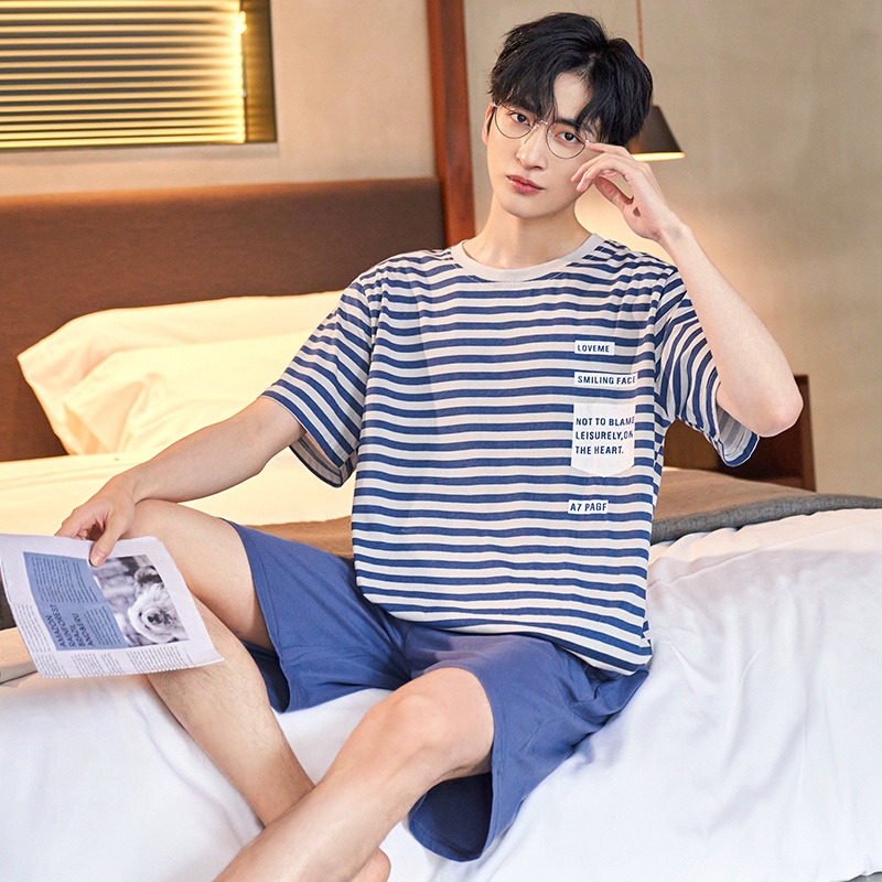 Bộ Đồ Ngủ Tay Ngắn Cổ Tròn Cỡ Lớn Vải Cotton Thời Trang Mùa Hè Cho Nam