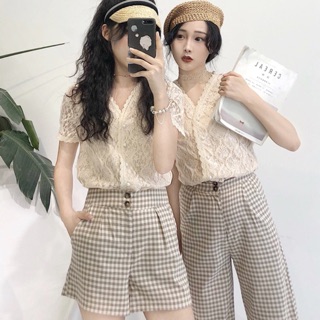 <XẢ HÀNG>Sét áo ren sexy + quần kẻ ô đẹp bao chất