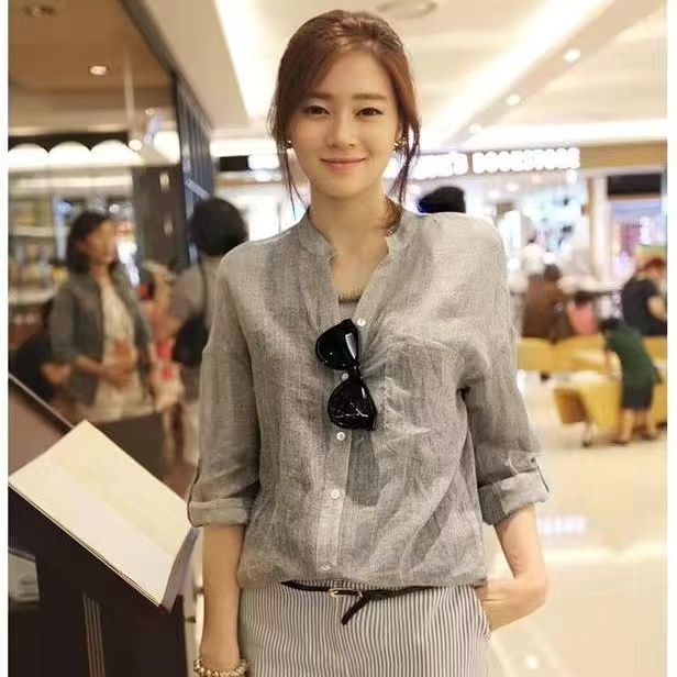 Áo Sơ Mi Lanh Cotton Cổ Đứng Tay Lửng Dáng Rộng Phong Cách Nhật Bản Thời Trang Cho Nữ