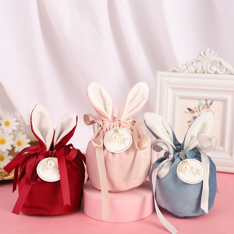 Túi nhung đựng bánh quy hình tai thỏ dễ thương mừng lễ Phục Sinh kèm phụ kiện