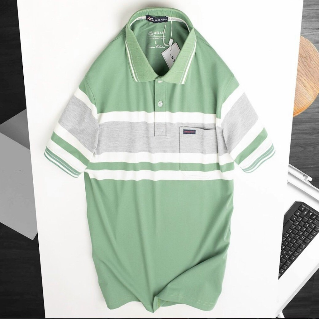 Áo Polo nam trung niên có túi phối sọc vải cá sấu Cotton xuất xịn,chuẩn form,sang trọng-lịch lãm