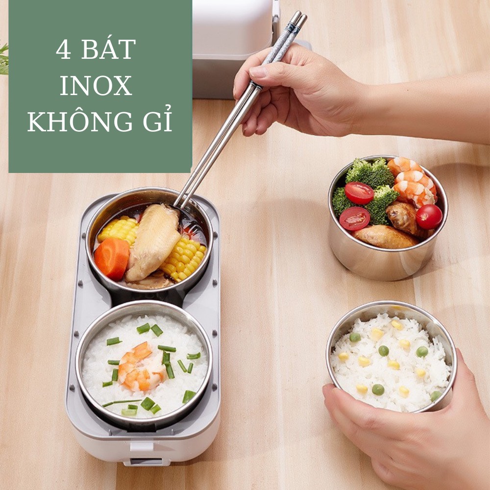 Hộp Cơm Cắm Điện BUCOOK, Hộp Đựng Cơm Văn Phòng Giúp Nấu Chín Và Hâm Nóng Thức Ăn 2 Tầng Kèm 4 Hộp INOX Không Gỉ