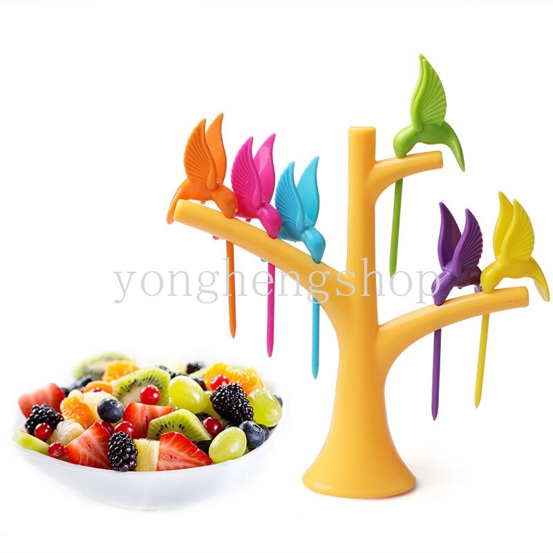 Nĩa Ăn Tráng Miệng Hình Cây Và Chim Bằng Nhựa Màu Sắc Ngẫu Nhiên Có Thể Tái Sử Dụng