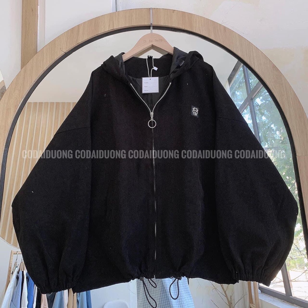 Áo khoác nhung có mũ họa tiết logo phối khóa tròn ulzzang/ Áo khoác nữ mặc thu đông tay bồng dáng rộng unisex