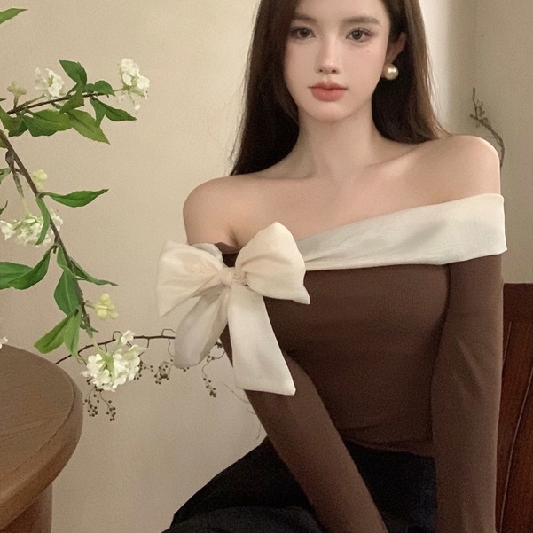 Áo Thun Tay Dài Hở Vai Dáng Ôm Co Giãn Phong Cách Hàn Quốc Quyến Rũ