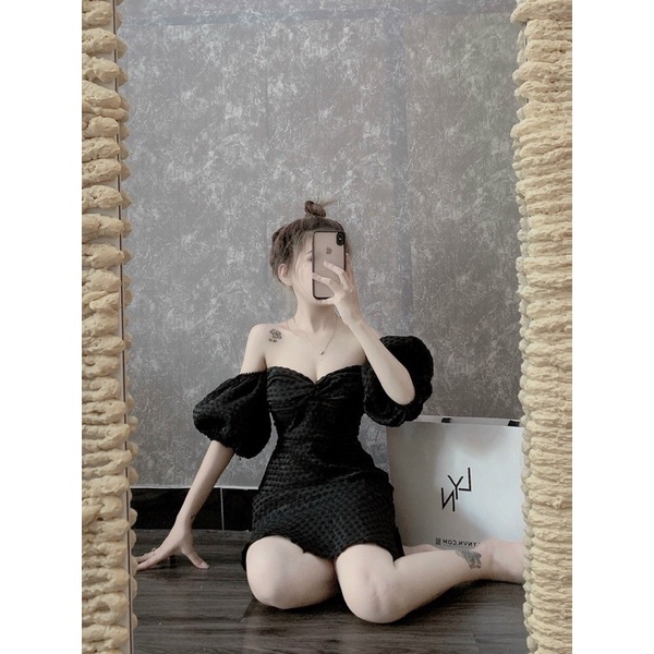 Đầm Xốp Nổi Ngang Cúp Ngực Tay Ngắn Phồng Dáng Đuôi Cá