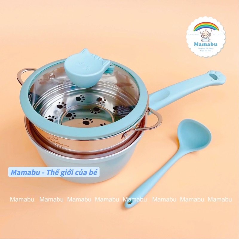 Bộ Nồi Kèm Xửng Hấp Cho Bé Ăn Dặm Hình Mèo Fashion Baby Cat Chống Dính Cao Cấp Dùng Được Mọi Loại Bếp Mamabu
