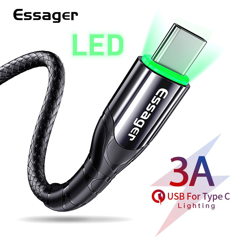 Cáp sạc Essager 3A LED USB Type-C cho Samsung Xiaomi Oppo dài 3M